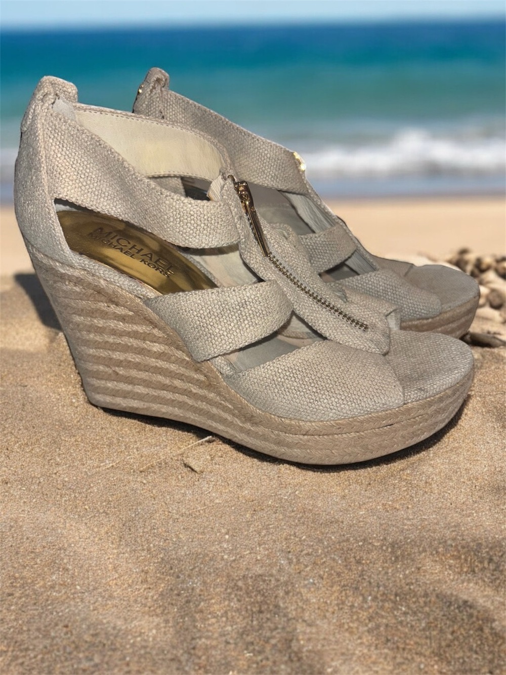 Michael Kors Berkley Platform Zipper Wedge Canvas Espadrille Sandals  size 6M